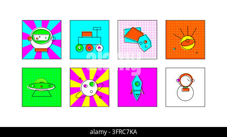 Pop art vector collection featuring children style space icons. Set includes astronaut, rocket ship, UFO, planet, and rover in vibrant neon colors for Stock Vector