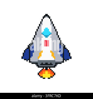 Pixel art vector illustration of a symmetrical space rocket with blue fins and an orange exhaust flame. Stock Vector