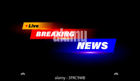 Breaking news vector lower-third banners with glowing yellow, red and blue gradient bars, bold italic headlines and live broadcast styling. Stock Vector