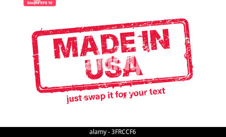 Red distressed rubber stamp reading “Made in USA,” with editable bold lettering, rough ink border and a small placeholder tagline. Stock Vector