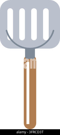 Flat vector illustration of a slotted kitchen spatula turner with wooden handle and steel head, isolated on white. Cooking and frying utensil icon. Stock Vector