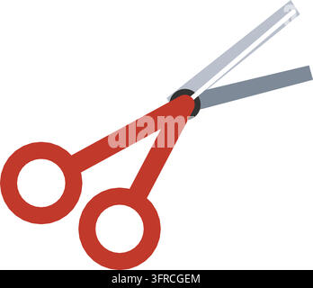 Flat vector illustration of office scissors with red handles and steel blades, isolated on white. Stationery icon for cutting paper and crafts. Stock Vector