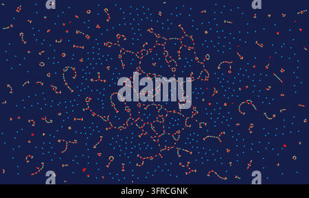 Colorful particles and molecular clusters create an abstract science and technology pattern on a dark blue vector background. Stock Vector