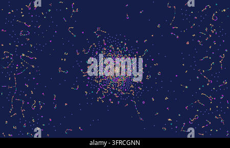 Colorful particles and molecular clusters create an abstract science and technology pattern on a dark blue vector background. Stock Vector