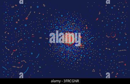 Colorful particles and molecular clusters create an abstract science and technology pattern on a dark blue vector background. Stock Vector