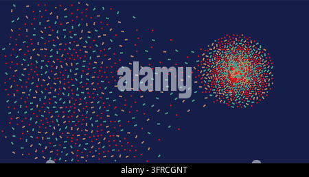 Colorful particles and molecular clusters create an abstract science and technology pattern on a dark blue vector background. Stock Vector