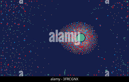Colorful particles and molecular clusters create an abstract science and technology pattern on a dark blue vector background. Stock Vector