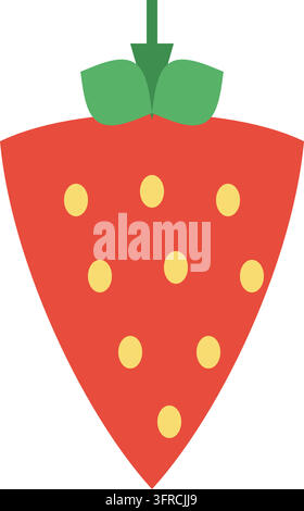 Flat vector illustration of a ripe red strawberry with yellow seeds and green calyx, isolated on white. Sweet berry and summer dessert icon. Stock Vector