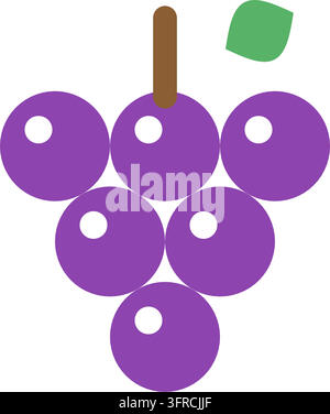 Flat vector illustration of a bunch of purple grapes with stem and green leaf, isolated on white. Fruit icon for vineyards, wine and harvest. Stock Vector