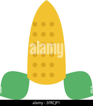 Yellow sweetcorn cob with kernels and peeled green husks, flat vector illustration isolated on a white background. Harvest vegetable icon. Stock Vector