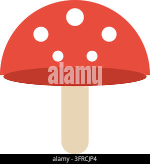 Red fly agaric mushroom with white spots and beige stem, flat vector illustration isolated on a white background. Woodland fungi icon. Stock Vector