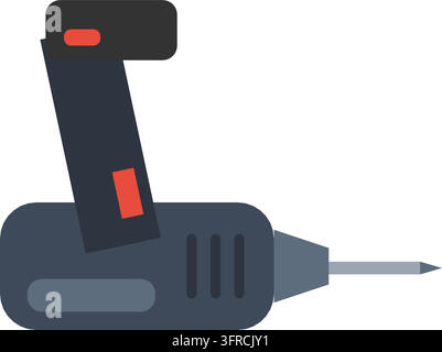 Cordless power drill with chuck, bit, trigger and battery pack, flat vector illustration isolated on a white background. DIY tool icon. Stock Vector