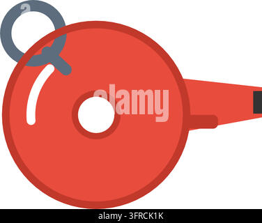 Red coach whistle with mouthpiece and lanyard ring, flat vector illustration isolated on a white background. Referee and training icon. Stock Vector