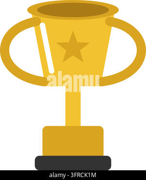 Golden trophy cup with handles, star emblem and base, flat vector illustration isolated on a white background. Winner award icon. Stock Vector