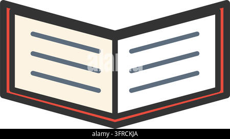Open book with red cover, cream pages and text lines, flat vector illustration isolated on a white background. Reading and education icon. Stock Vector