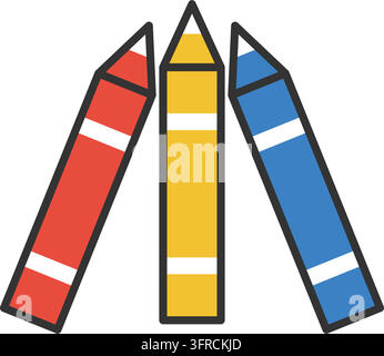 Three colored crayons in red, yellow and blue fanned out, flat vector illustration isolated on a white background. Kids art supply icon. Stock Vector