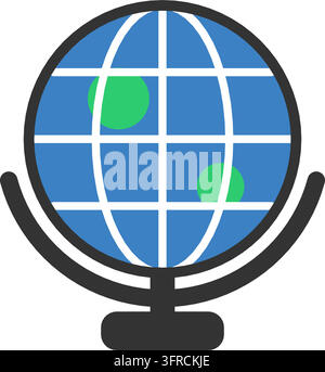 Blue desk globe with meridian lines, green continents and stand, flat vector illustration isolated on a white background. Geography icon. Stock Vector
