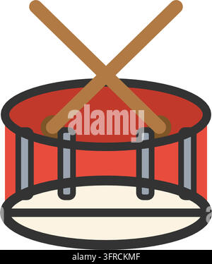Flat vector illustration of a red snare drum with crossed drumsticks, isolated on a white background. Percussion, band and rhythm music icon. Stock Vector