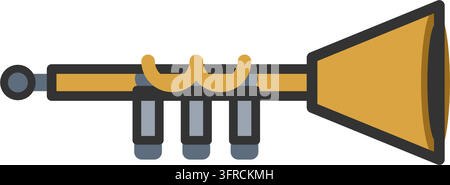 Flat vector illustration of a brass trumpet with valves and a flared bell, isolated on a white background. Jazz, brass band and orchestra icon. Stock Vector