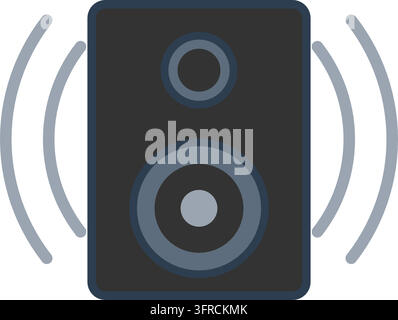 Flat vector illustration of a black loudspeaker with a woofer, tweeter and sound waves, isolated on a white background. Concert and audio icon. Stock Vector