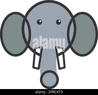Flat vector illustration of an elephant head with big ears, a long trunk and tusks, isolated on a white background. Safari and African wildlife icon. Stock Vector
