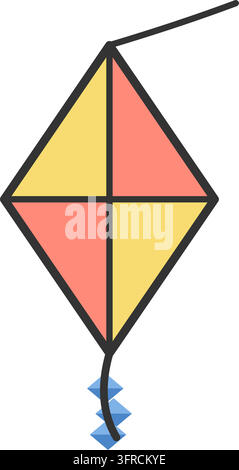 Flat vector illustration of a colorful diamond kite with a bow tail and flying string, isolated on a white background. Outdoor play icon. Stock Vector