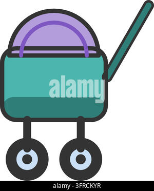 Flat vector illustration of a baby stroller with a canopy, bassinet, handle bar and wheels, isolated on a white background. Parenting and walk icon. Stock Vector