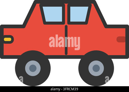 Flat vector illustration of a red sedan car in side view with windows, door detail and two wheels, isolated on a white background. Stock Vector