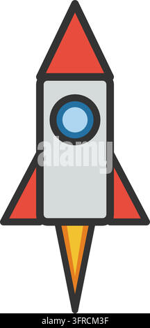 Flat vector illustration of an upright rocket ship with red nose cone, porthole window, fins and orange flame, on a white background. Stock Vector