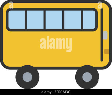 Flat vector illustration of a yellow city bus in side view with window band, passenger door and two wheels, isolated on white background. Stock Vector
