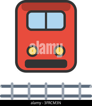 Flat vector illustration of a red locomotive in front view with split windshield, headlights and railway tracks, on a white background. Stock Vector