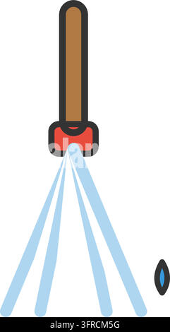 Flat vector illustration of a cotton mop with wooden handle, red binding and fanning strands with a water drop, on white background. Stock Vector