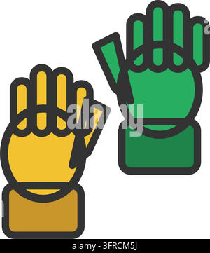 Flat vector illustration of a pair of rubber cleaning gloves in yellow and green with cuffs, isolated on a white background. Stock Vector