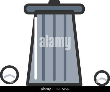 Flat vector illustration of a steel trash bin with lid, handle and slatted body with crumpled paper balls beside it, on white background. Stock Vector