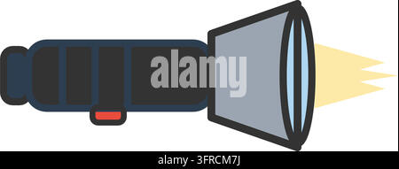 Flat vector illustration of a black LED flashlight with steel head, glowing lens and bright yellow light beams, on a white background. Stock Vector