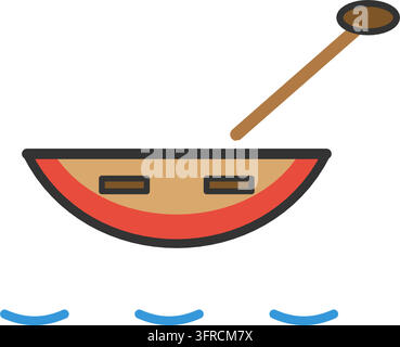 Flat vector illustration of a red canoe with wooden seats and a paddle floating on blue water waves, isolated on a white background. Stock Vector