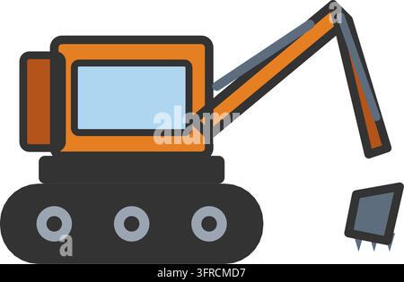 Flat vector illustration of an orange excavator with cab, tracked base, boom arm and digging bucket, isolated on a white background. Stock Vector