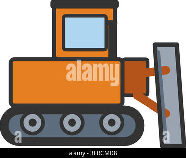 Flat vector illustration of an orange bulldozer with cab, tracks and front blade, isolated on a white background. Stock Vector