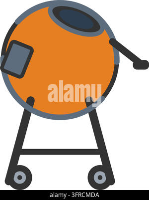 Flat vector illustration of an orange portable cement mixer with rotating drum, A-frame stand and wheels, isolated on white background. Stock Vector