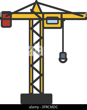 Flat vector illustration of a yellow tower crane with lattice tower, operator cab, jib, counterweight and hook, on white background. Stock Vector