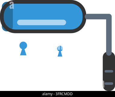 Flat vector illustration of a blue paint roller with steel frame arm, black grip handle and paint drips, isolated on white background. Stock Vector