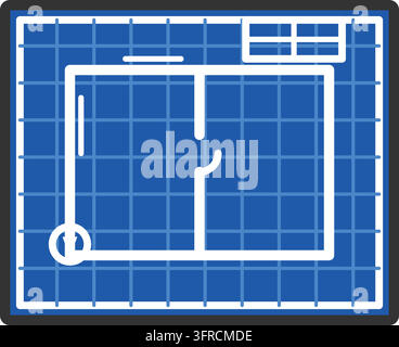 Flat vector illustration of a blue architectural blueprint sheet with grid, floor plan drawing, title block and north arrow, on white. Stock Vector