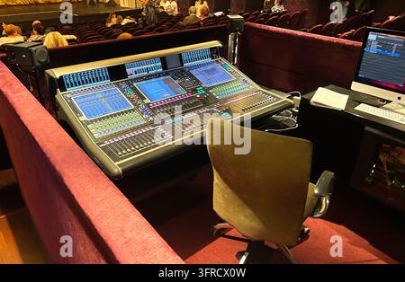 Debrecen, Hungary – Oktober 10, 2026: High-angle shot of a large professional digital audio mixing console and computer station in a theater control. Stock Photo