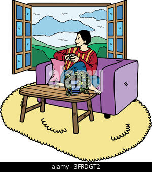 A man is drinking coffee and looking out the window in the living room Stock Vector