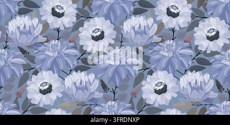 Vector floral seamless pattern. Illustration with dahlias, zinnias and marigolds. Lilac garden flowers Stock Photo