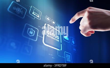 Cloud automation platform for optimizing business processes and managing IT infrastructure with touchscreen interaction Stock Photo