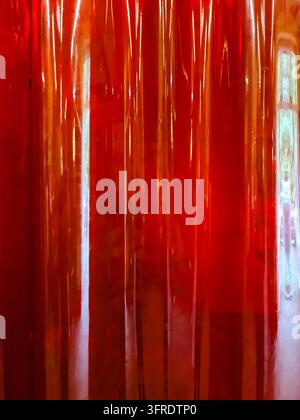 Abstract background showing translucent red plastic stripes creating a textured surface with bright light reflections Stock Photo