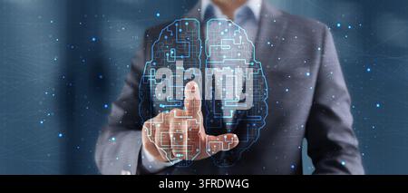 Businessman interacting with a digital brain interface symbolizing artificial intelligence and digital transformation Stock Photo