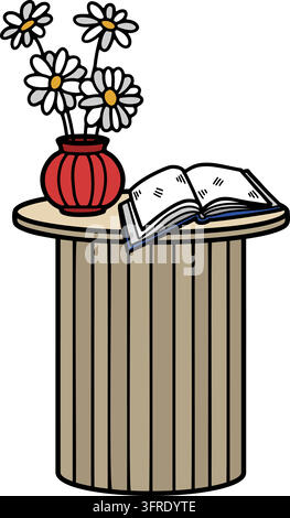 A flower vase and books on the bedside table Stock Vector