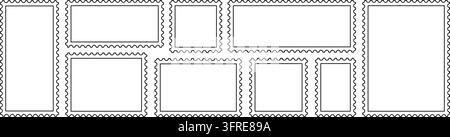 Set of blank postage stamp frames in varied rectangular sizes with perforated edges, clean black outline, minimalist vintage postal style for posters Stock Vector